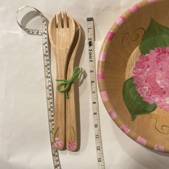 HP 🎉Pierrette Hand painted Hydrangea Green Leaf wooden bowl fork spoon server - Picture 10 of 14